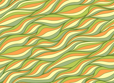 Abstract seamless wave green yellow background of doodle drawn lines. Colorful floral pattern.のイラスト素材