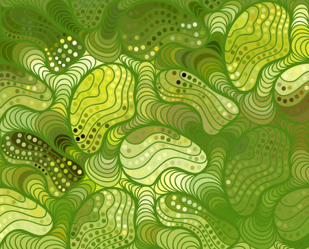 Abstract vector green wave background of doodle hand drawn lines. Colorful floral pattern.のイラスト素材