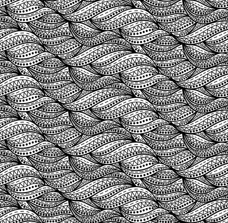 Abstract vector seamless floral background of doodle hand drawn lines. Monochrome wave pattern. Coloring book page. Black white wallpaper.のイラスト素材