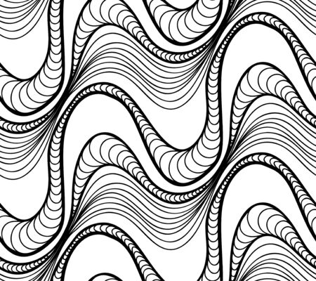 Abstract seamless floral background of doodle hand drawn lines.  wave pattern. Coloring book page. Black white wallpaper.のイラスト素材