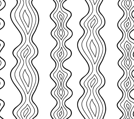 Abstract vector seamless floral background of doodle hand drawn lines. Monochrome wave pattern. Coloring book page. Black white wallpaper.のイラスト素材