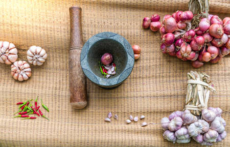 Vegetable Garden Shallot Thai Garlic Thai bird chilliの写真素材