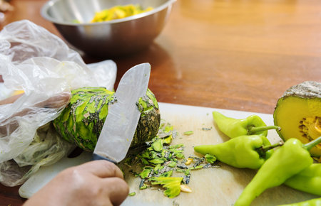 Use a knife to peel the pumpkin. And part of cooking. Then there are the vegetables that have many...
