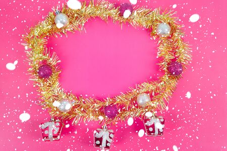 bunch of rainbow new year placed in a circle and a gift box hanging That looks beautiful and empty space to use as a backdrop.の写真素材