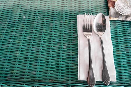 Table setting spoon and fork, is prepared.For food service, and prepare yourself to get eaten.の写真素材