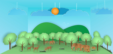 Vector nature and forest, where the deer And elephants and wild animals live.And the plentiful world and covered with the green of the nature and a papercut and placed in the room and Or used as backgroundのイラスト素材