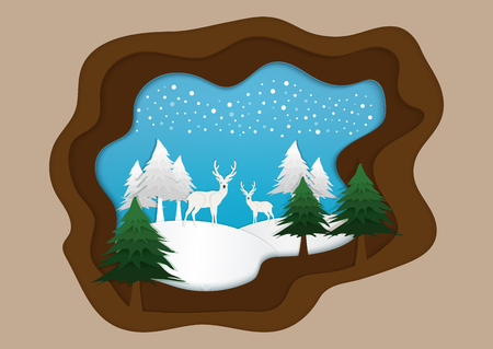 Vector nature and forest where the deer and wild animals live.And the Christmas and a happy New Year. And a papercut and illustration and can be used as background.のイラスト素材