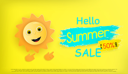 Hello summer festivals and a cartoon sun is smiling. And held banner to welcome the upcoming summer. and colorful design and a work of origami or paper cut.のイラスト素材