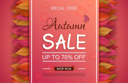 autumn sale banner design with colorful seasonal fall leaves. and for shopping discount promotion. and frame leaflet or web banner. And used as illustration or background.のイラスト素材