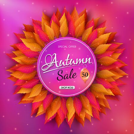 Autumn sales banner design with colorful seasonal fall leaves. and concept autumn advertising. for shopping discount promotion, frame leaflet or web banner. and used as illustration or background.のイラスト素材
