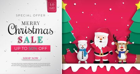 Christmas sales banner design.and Santa Claus with reindeer.and snowman standing.and waving the hand. and parties to celebrate the Christmas festival with cold weather in the winter season. and background.のイラスト素材