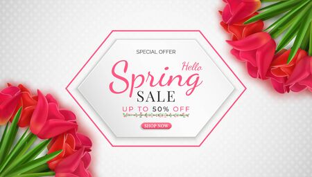 flowers bloom in the seasonal spring. and there are beautiful tulip flowers.and for shopping discount promotion.and with seasonal deals.and green natural background.and used as an illustration.&#xD;&#xA;のイラスト素材