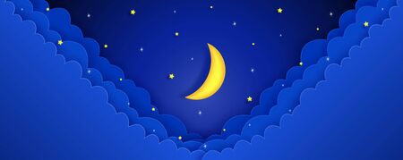 sky during the night. and there are light from the stars. and the moon was shining. and there are clouds float. and The design style origami or paper art and used as illustration or background.のイラスト素材