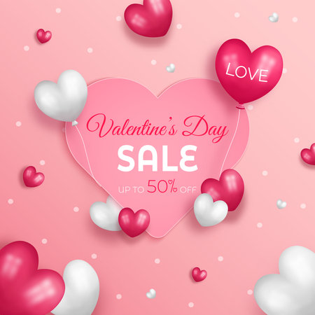 Valentine's Day sale promotion website design. and the background. and red and white hearts balloons mean love.and with seasonal deals. and can be used as illustration or backdrop.&#xD;&#xA;のイラスト素材