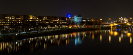 Night vision from riverside with Bonnefantenmuseum in Maastricht, Netherlandsの写真素材