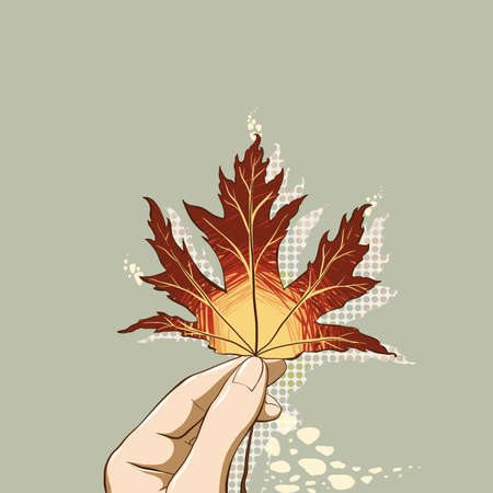 Hand holding autumn maple leaf. Digital hand drawn in flat style illustration with abstract shadow and flame on light green background.の写真素材