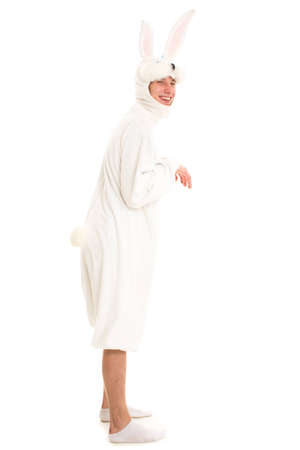 Playful man in a rabbit costumeの写真素材