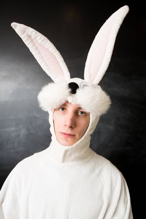 Man in a rabbit costume with large earsの写真素材