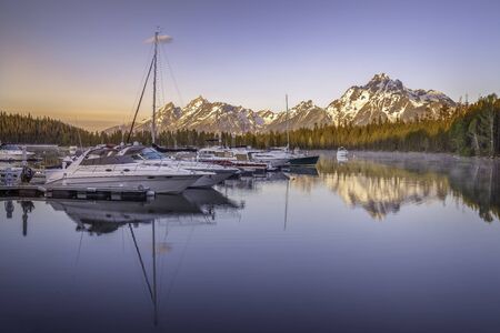 Peaceful morning at Coulter Bay located in Grand Teton National Parkの写真素材