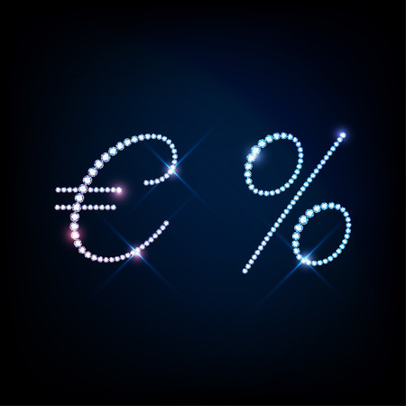 Diamond glittering Euro sign and percents sign of sparkling brilliants glitter font conceptのイラスト素材