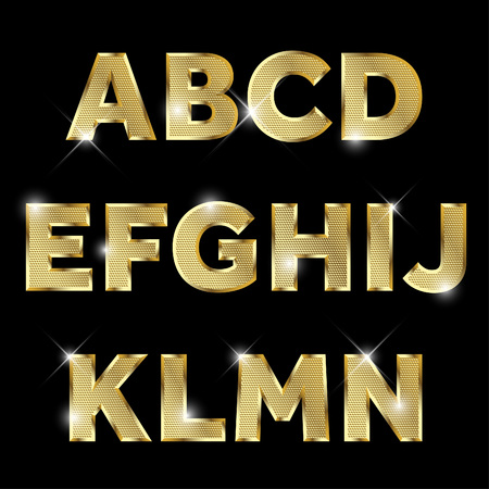 Gold glittering metal alphabet set from A to N uppercase.