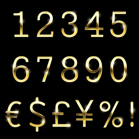 Vector gold font set with additional currency, numbers and special symbols and signs.のイラスト素材