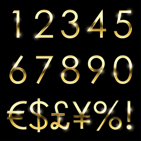 Vector gold shiny font with additional currency, numbers and special symbols and signs.のイラスト素材