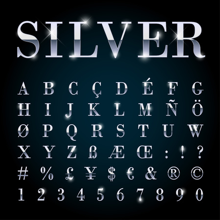 Silver metal font set with letters, numbers, currency sings and special alphabet symbolsのイラスト素材