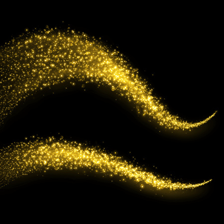 Gold glittering bokeh stars dust tail. Glittering gold smoke tail. Twinkling glitter.の写真素材
