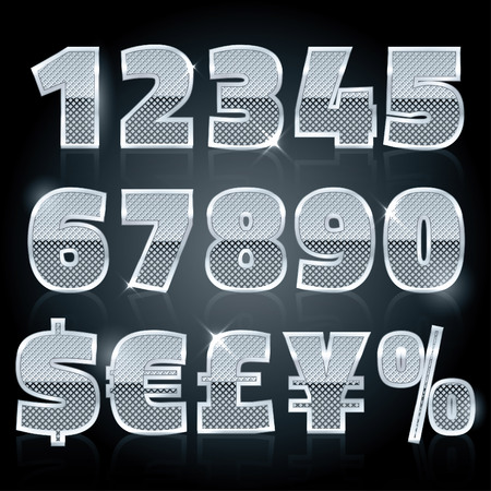 Vector silver steel stamped alphabet. Diamond numbers and symbolsのイラスト素材