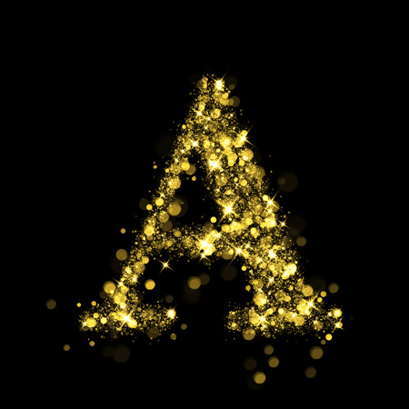 Sparkling letter A on black background. Part of alphabet set of golden glittering stars. Christmas holiday illustration of bokeh shining stars.の写真素材