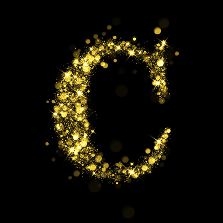 Sparkling letter C on black background. Part of alphabet set of golden glittering stars. Christmas holiday illustration of bokeh shining stars.の写真素材