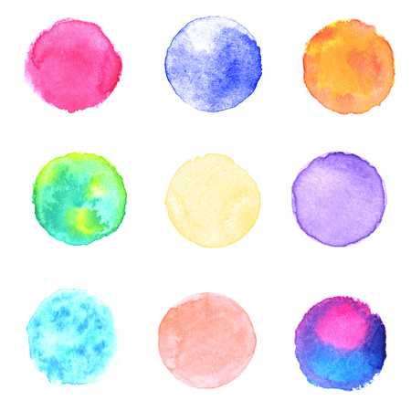Watercolor multicolored circles collection. Watercolor stains set isolated on white paper textured backgroundの写真素材