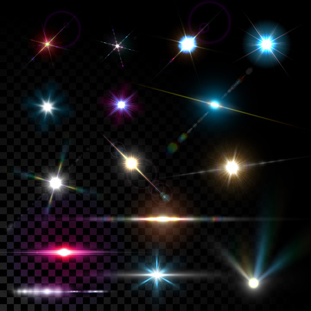 Realistic vector glowing lens flare light effect with stars and sparkles bursts on transparent background.