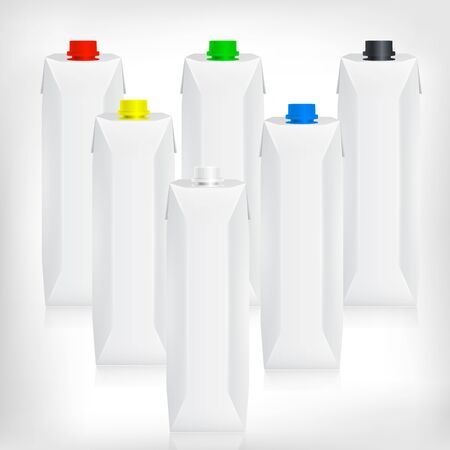 Modern juice or milk packages with colorful cups isolated on white background. Front presentation view.のイラスト素材