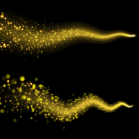 Vector golden sparkling falling star. Stardust trail. Cosmic glittering wave.のイラスト素材