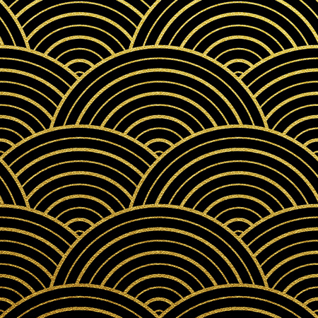 Geometric gold glittering seamless pattern on black background.のイラスト素材
