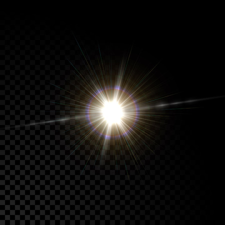 Realistic vector glowing lens flare star light effect with sparkles bursts on transparent background.のイラスト素材