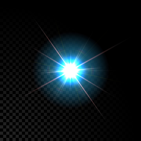 Realistic vector glowing lens flare star light effect with sparkles bursts on transparent background.のイラスト素材
