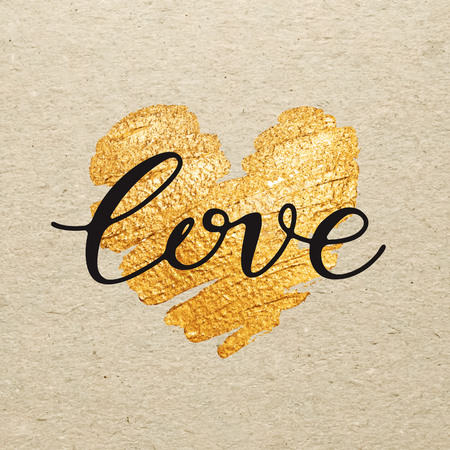 Valentines day card. Love calligraphy lettering with gold paint heart on craft background. Hand drawn letters.のイラスト素材