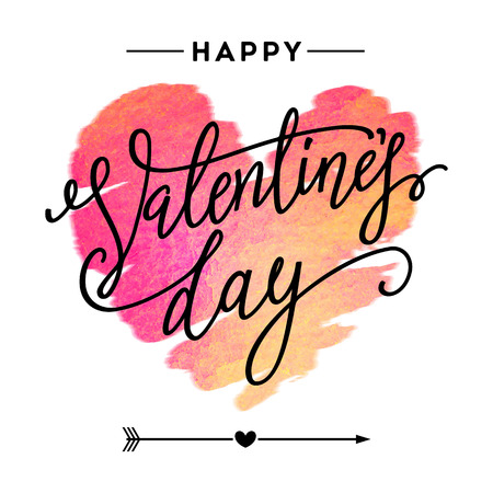 Valentines day lettering with pink and red watercolor heart on white background for greeting card.のイラスト素材