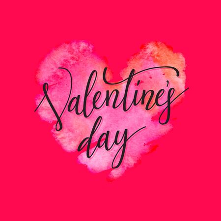 Valentines day lettering with pink and red watercolor heart on red background for greeting card.のイラスト素材