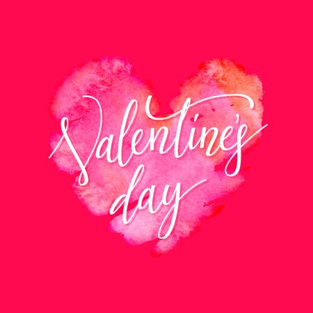 Valentines day lettering with pink and red watercolor heart on red background for greeting card.のイラスト素材