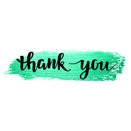Thank You vector hand written calligraphic lettering on green watercolor background. Thanksgiving gratitude greeting card. Handmade concept.のイラスト素材