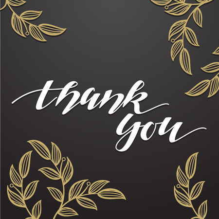 Thank You vector hand signature calligraphic lettering on gray background with floral ornament. Handmade postcard.のイラスト素材