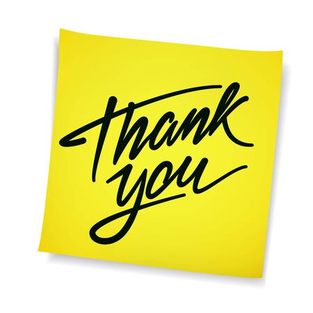 Thank You hand drawn calligraphic pen scratch lettering on yellow sticky note background. Thanksgiving message concept.のイラスト素材