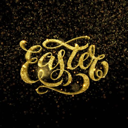 Happy Easter poster. Gold sparkle title on golden glitter particles backgroundのイラスト素材