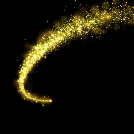 Gold glittering stars dust trail sparkling particles on black background. Space comet tail.のイラスト素材