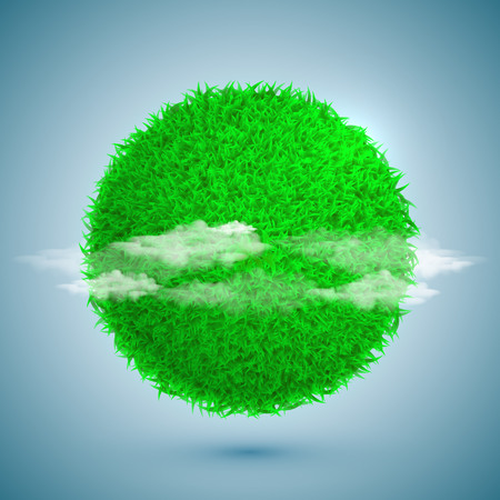 Vector Spring eco poster illustration of grass globe with clouds on bright blue sky backgroundのイラスト素材