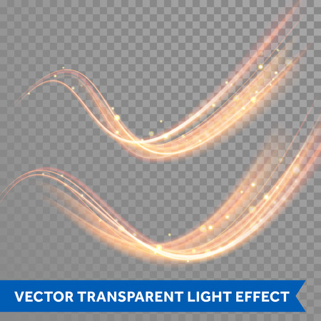 Vector magic glowing spark swirl trail trace effect on transparent background. Bokeh glitter wave line with flying sparkling flash lights.のイラスト素材